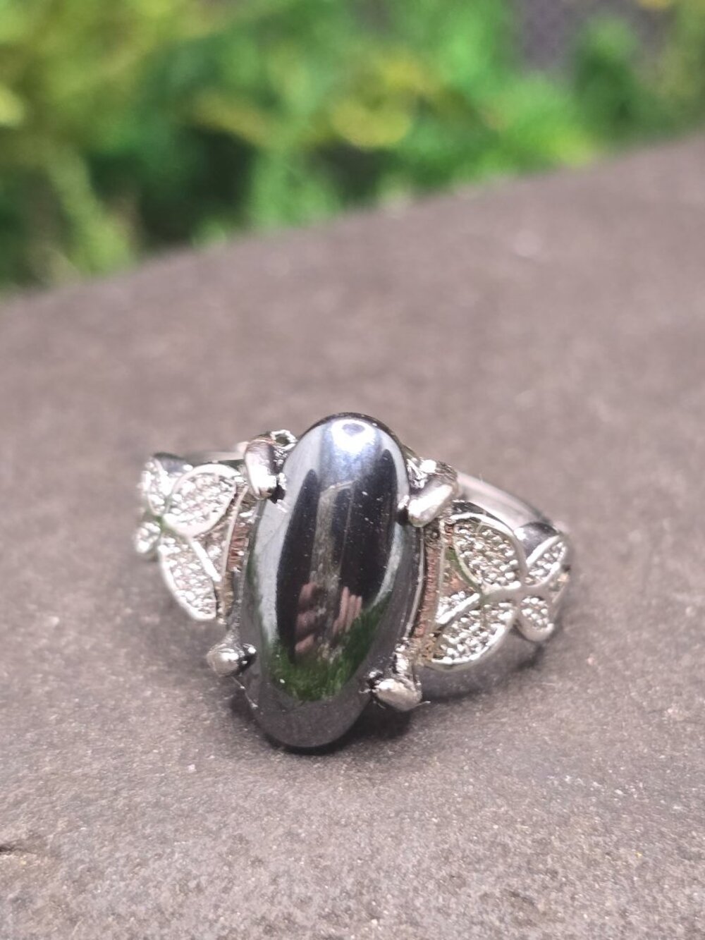Hematite Oval Floral Adjustable Ring Size 6-10 Silver Tone Jewelry